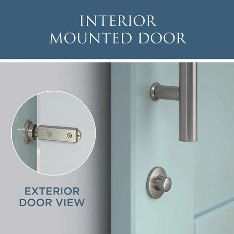Privacy Barn Door Lock With Emergency Release Satin Nickel Sliding Latch For Single Or Bi Parting Doors 5 Inch Length visible.