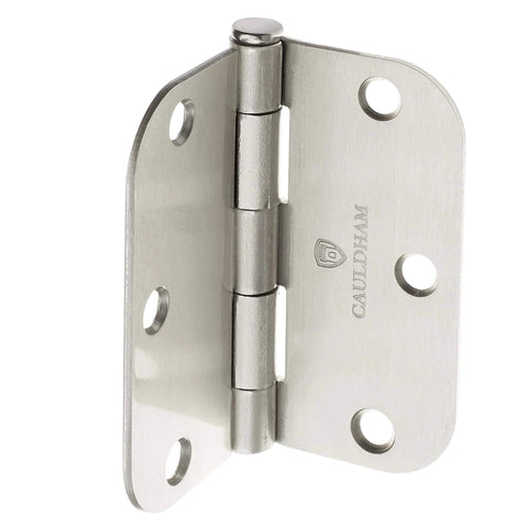 Front view of a single hinge from the (12 Pack) Heavy-Duty 3-1/2" Interior Door Hinges with 5/8" Radius Corners - Satin Nickel set.