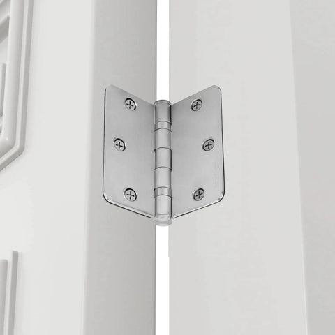 Close-up of 3 Pack 304 Stainless Steel Door Hinges 3.5 By 3.5 Inches Satin Nickel Brushed Finish installed on door.