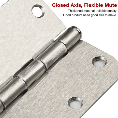 Close-up of 30 Pack Satin Nickel Brushed Interior Door Hinges 3.5 Inch Flat Iron Hinge With Five Eighths Inch Radius Rounded Corners Rotates 270