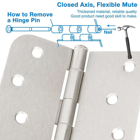 Diagram showing hinge pin removal process for 3 Pack Heavy Duty Satin Nickel Door Hinges For 4 Inch Doors With Square Rounded Corners.