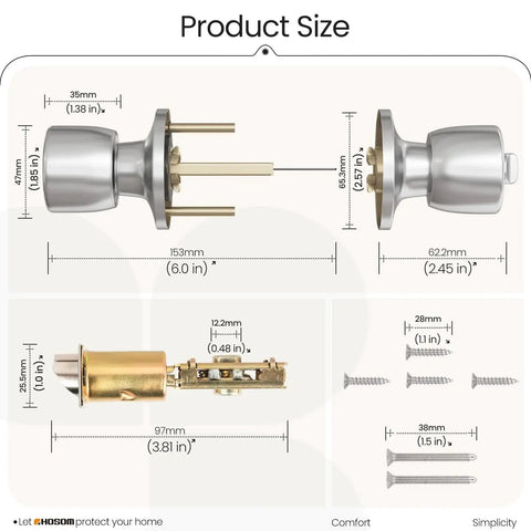 Product size diagram of keyed entry door knob with lock and key for exterior and interior doors satin nickel finish dual locking mechanism.