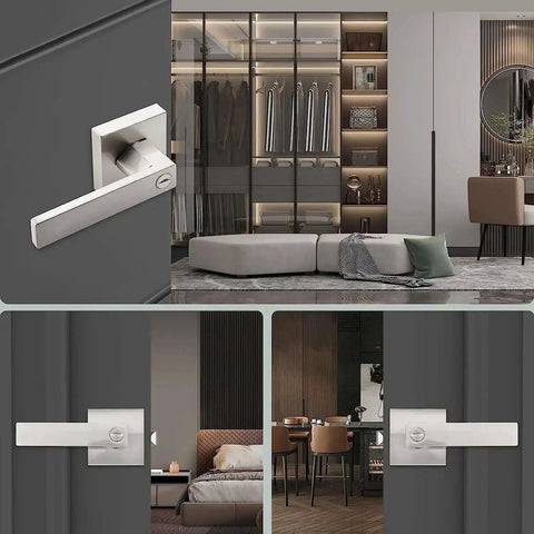 Keyed Alike Entry Door Lever Set With Lock And Key Satin Nickel Square Door Handle on modern interior doors.