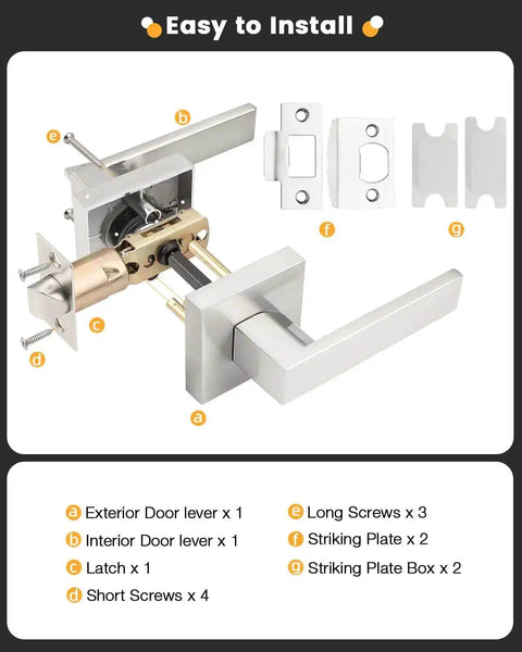 5 Pack Satin Nickel Square Door Levers And Handles For Interior Passage Locks with components, latch, and screws detailed for installation.