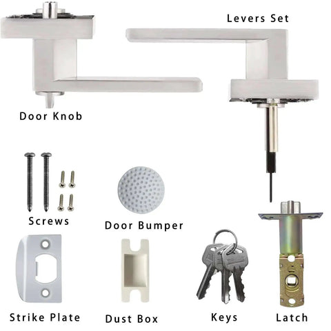 Keyed Alike Entry Door Lever Set With Lock And Key Satin Nickel Square Door Handle and installation parts.