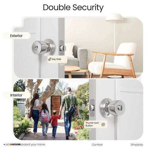 Keyed Entry Door Knob With Lock And Key For Exterior And Interior Doors Satin Nickel Finish Dual Locking Mechanism Inside Turn Button Outside Key Front Door Handle For Residential And Commercial Use Ideal For Bedroom And Bathroom Doors, showing exterior and interior views