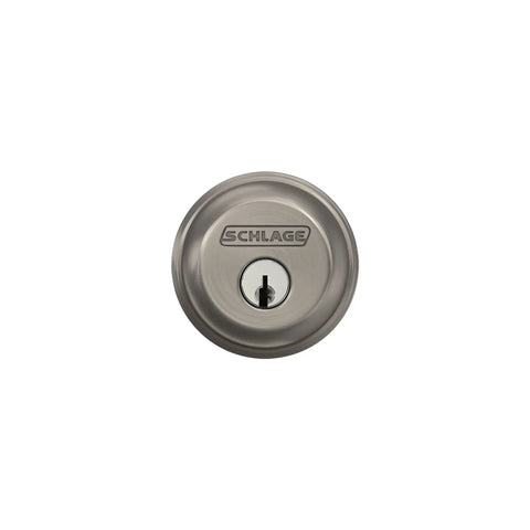 Front view of satin nickel high security exterior deadbolt with hardened bolt, anti pick pins, anti drill plates for exterior doors.