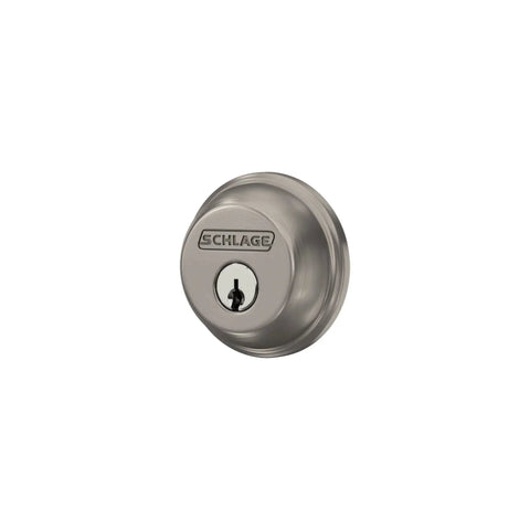 Front view of high security exterior deadbolt with hardened bolt, anti-pick pins, anti-drill plates, keyed deadbolt for exterior doors, satin nickel finish.