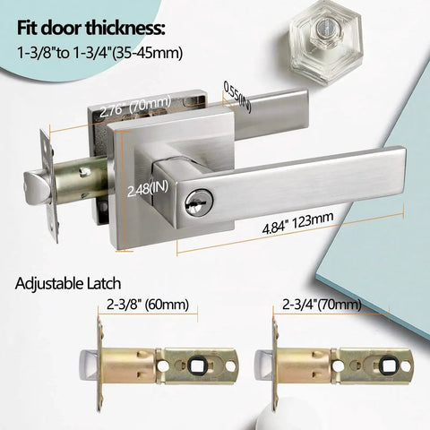 Keyed Entry Lever Lock For Exterior And Front Doors, Heavy Duty Satin Nickel Finish, with adjustable latch and measurements shown