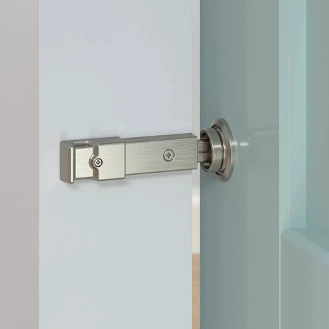 Privacy Barn Door Lock With Emergency Release Satin Nickel Sliding Latch installed on interior door