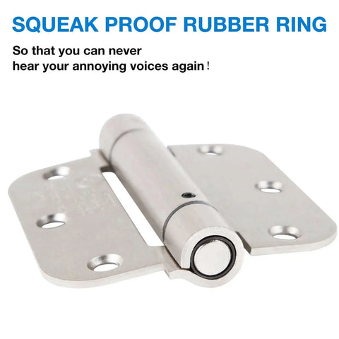 Self Closing Door Hinges 3.5 Inch Heavy Duty Satin Nickel Finish Built To Last With 5/8 Inch Radius showing squeak proof rubber ring
