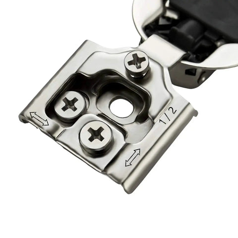 Close-up of stainless steel hinge from 10 Pack 5 Pairs One Half Inch Overlay Soft Close Hinges For Kitchen Cabinets Satin Nickel Concealed Hidden