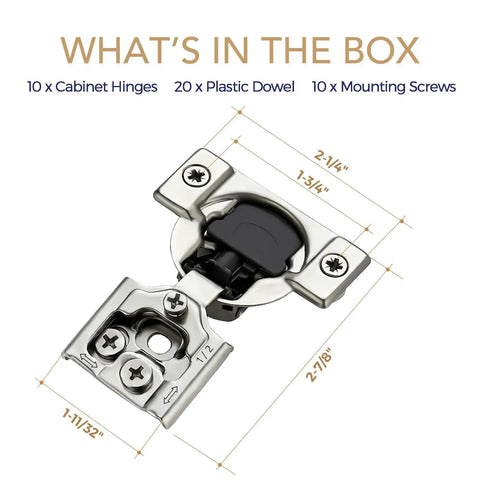 Diagram of 10 Pack 5 Pairs One Half Inch Overlay Soft Close Hinges For Kitchen Cabinets with screws and dowels included