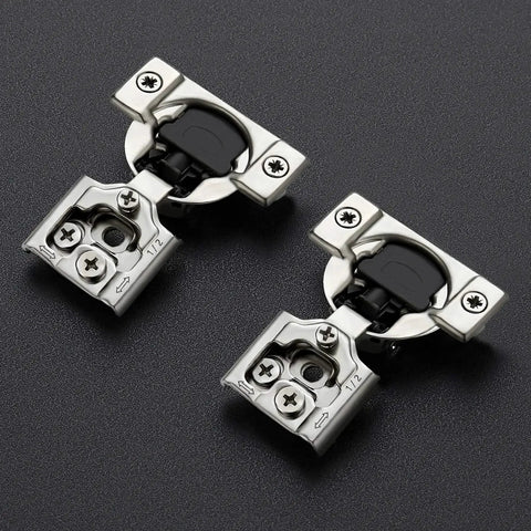 Two satin nickel concealed hinges from 10 Pack 5 Pairs One Half Inch Overlay Soft Close Hinges For Kitchen Cabinets.