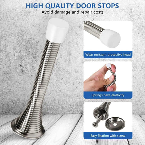 Pack Of 12 Spring Door Stops Flexible Heavy Duty Door Stoppers With Rust Proof Screws And Rubber Bumper Tips Satin Nickel Finish