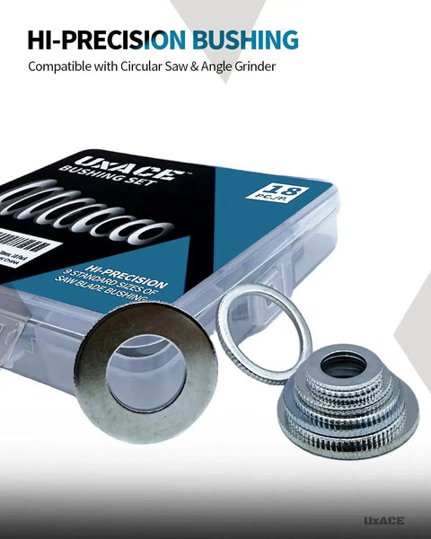 Saw Blade Bushing Set And Arbor Spacer Kit Reduction Ring Bundle 18 Pack With 9 Sizes displayed with packaging.