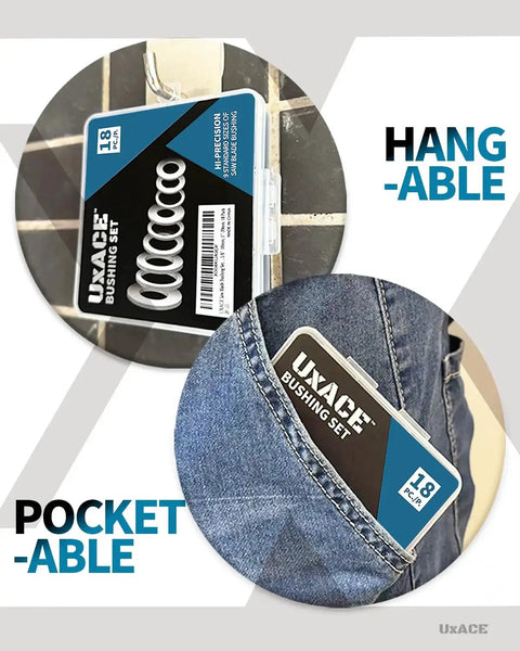 Saw Blade Bushing Set And Arbor Spacer Kit Reduction Ring Bundle 18 Pack shown in pocket and hanging on tile wall