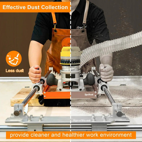 Workhorse Linear Rail Router Sled Connector with Dust Collection For 20mm Rails in action showing dust-free operation with SpeTool