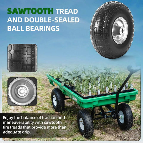 Sawtooth tread tires for wagon; product: ✝️ (2 pack) 4.10/3.50-4 flat free tire and wheel, 10" solid rubber tires for wheelbarrow