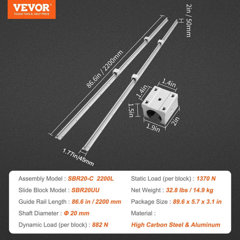 Linear Rail, 2 PCS SBR 20-2200mm, Linear Guideway Rail, and 4 PCS SBR20UU Square Type Carriage Bearing Blocks, diagram.