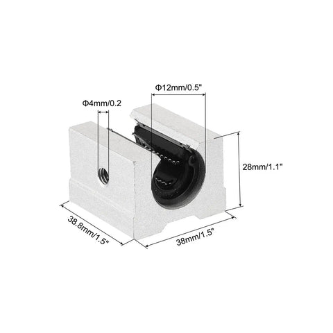 2 Pack SBR12UU Linear Bearing Block For 12mm Open Slide Guides, side view with dimensions, aluminum, silver tone