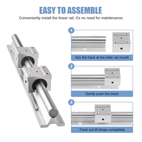 Installation guide for SBR16 1200mm Linear Rail Guide with SBR16UU Block, showing assembly steps for DIY CNC projects.