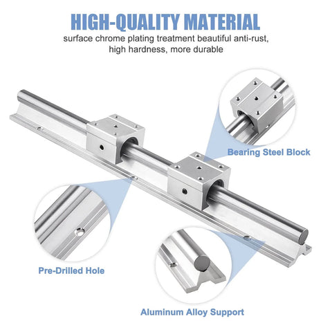 SBR16 1200mm Linear Rail Guide with pre-drilled holes and aluminum alloy support showing bearing steel block detail, DIY CNC parts