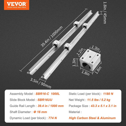 Beefed Up Heavy Duty SBR16 Linear Rail Kit with two 1000mm rails and four SBR16UU blocks, high-load capacity, carbon steel and aluminum.