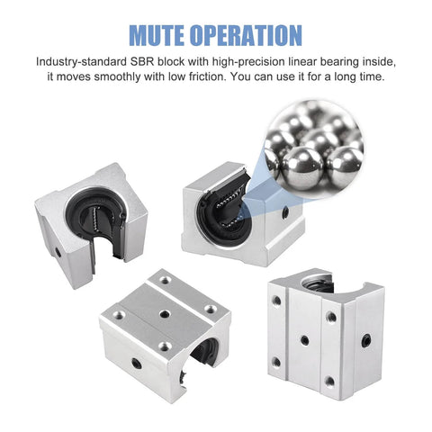Close-up of SBR16UU slide ball bearing block, part of the SBR16 1200mm Linear Rail Guide, showing precision linear motion capability.