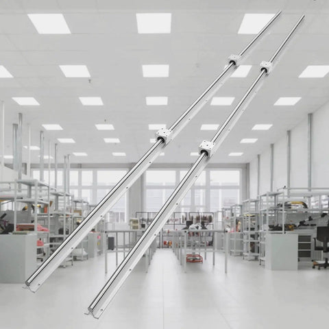 SBR20 Linear Rail Kit With Two 1800mm Rails And Four SBR20UU Blocks For CNC Routers And Automated Machines in a workshop setting