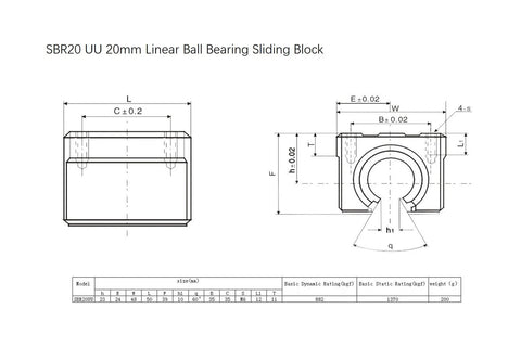 Technical drawing of Heavy Duty 20mm SBR20UU Bearing Blocks 2 Pack Open Sliding Ball Bearing Blocks For SBR20 Linear Motion Shafts Guides