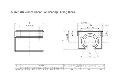 SBR25UU Open Sliding Bearing Blocks 25mm technical drawing for SBR25 Linear Guides CNC Rails Kit with dimensions and measurements