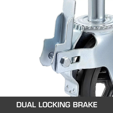 Close-up of a dual locking brake system on a 4 Pack Scaffolding Caster Wheels 8 Inch By 2 Inch Dual Locking Rubber Swivel Casters 360 Degree Heavy Duty 1100 lbs Capacity Per Wheel Ideal For Portable Scaffolds Construction And Workshop Benches Non Marking Quiet Rolling