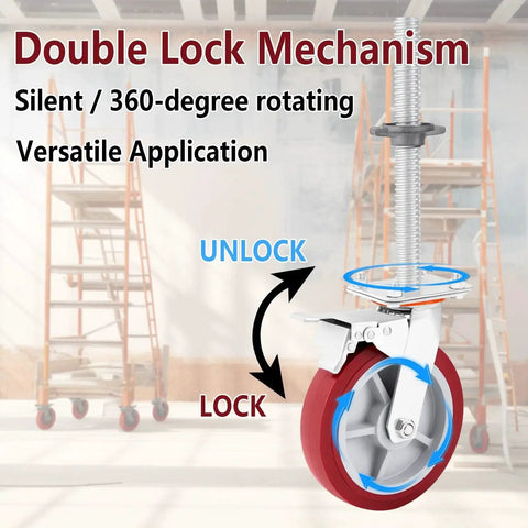 Four Pack 8 Inch Adjustable Leveling Scaffolding Wheels Scaffolding Caster Wheels With Brakes Swivel Locking Casters One And One Fifth Inch Outer Diameter Heavy Duty Steel Frame For Construction Sites Delivers Stable Maneuverability On Uneven Surfaces, showing visible locking mechanism and steel frame.