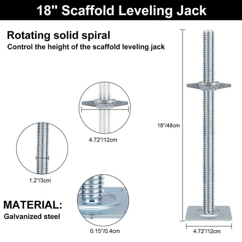 Adjustable Scaffold Leveling Jacks for Baker Style Scaffolding, 18 Inch Reach With 1.2 Inch OD Solid Screw Jacks, Galvanized Steel