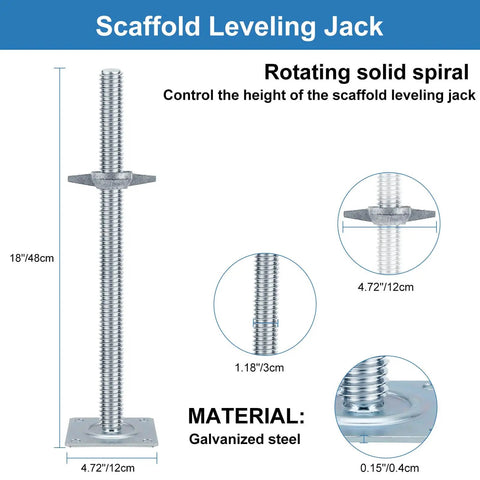 Front view of 18 Inch Adjustable Scaffold Leveling Jacks Feet Kit For Baker Style Scaffolding Galvanized Solid Threaded Rods 4 Pack