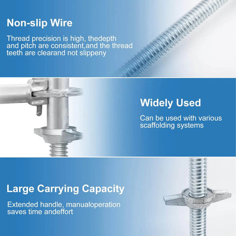 Close-up of 18 Inch Adjustable Scaffold Leveling Jacks Feet Kit For Baker Style Scaffolding Galvanized Solid Threaded Rods 4 Pack