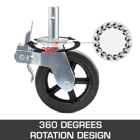 Side view of a 4 Pack Scaffolding Caster Wheels 8 Inch By 2 Inch Dual Locking Rubber Swivel Casters 360 Degree Heavy Duty 1100 Lbs Capacity.