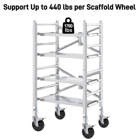 Scaffolding with 5 Inch Scaffolding Casters Set of 2 With Dual Locking Brakes, 440 Lbs Capacity, stainless steel frame.