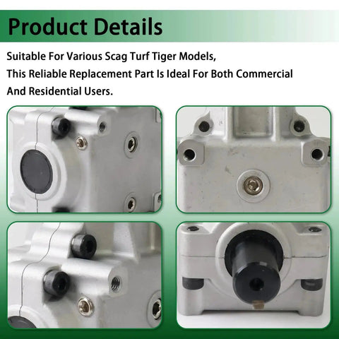 Close-up of Deck Gear Box Assembly for Scag Turf Tiger Mower 482486 481516 Replacement showing metal housing and bolts