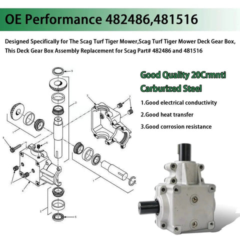Deck Gear Box Assembly For Scag Turf Tiger Mower 482486 481516 Replacement diagram and assembled view