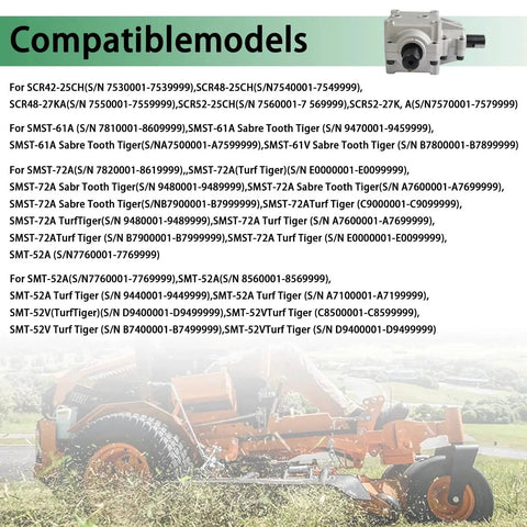 Deck Gear Box Assembly For Scag Turf Tiger Mower 482486 481516 Replacement with compatibility list for various models.