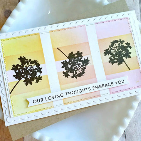 Greeting card with floral design and text 'Our Loving Thoughts Embrace You' using 2 Pack Mini Slim Line Stitched Scallop Square Frame Cutting Dies Carbon Steel For DIY Scrapbooking Embossing Die Cuts Card Making Templates Stencils Handmade Art Decoration Album Cardstock Great for DIY Projects.