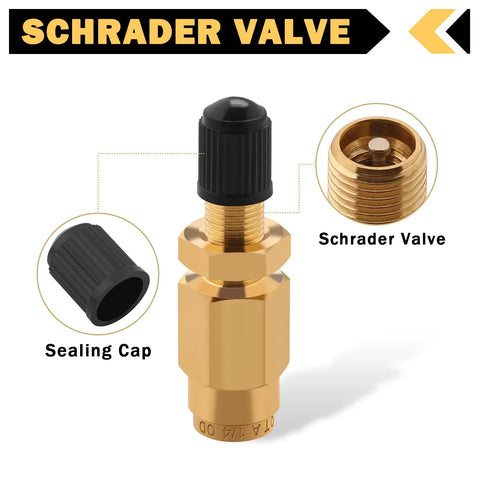 Brass 1/4 inch inflation Schrader valve with black sealing cap and push-to-connect 1/4 inch OD air line fitting.