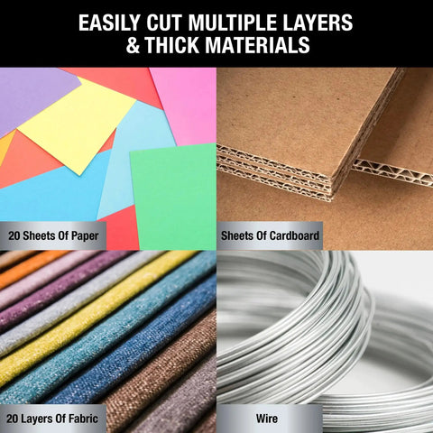 Image showing materials: 20 sheets of colored paper, sheets of cardboard, 20 layers of fabric, and wire, suitable for Heavy Duty Scissors Set Of 3 Commercial Grade Stainless Steel Shears For Office Crafting Sewing And Home Use All Purpose With Comfortable Grip Includes Two 8 Inch Scissors And One 5.5 Inch Precision Cutter.
