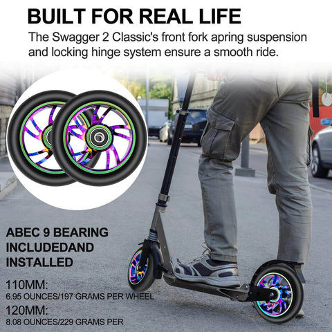 Rider on scooter with 100mm Scooter Replacement Wheels 2 Pack with 88A PU Tires Aluminum Core and 608RS Bearings Installed
