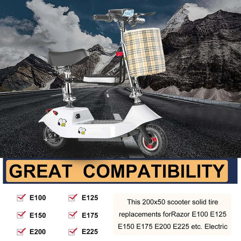 Scooter with 200x50 Solid Tire on mountain road, replacement wheels for Crazy Cart E100 E125 E150 E175 E200 E225 Electric Scooter