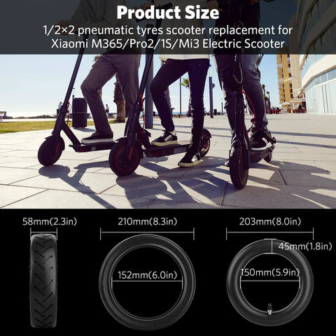 Diagram of 2Pack 8.5 Inches Scooter Inner Tube with sizing info for Xiaomi M365, Pro2, 1S, Mi3 scooters.