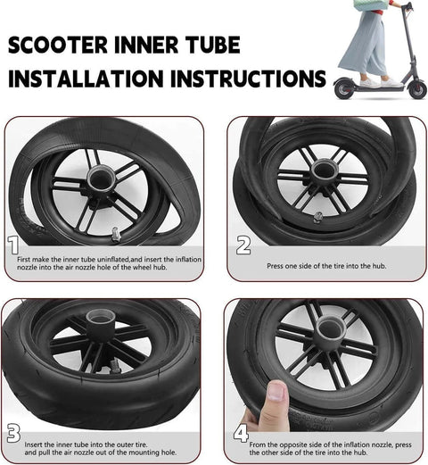 Installation instructions for 10x2.75-6.5 scooter tire tube, 70/65-6.5 Inner Tube, showing step-by-step inner tube installation process.