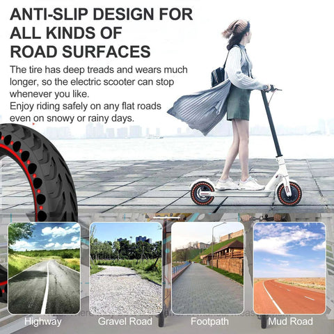 Woman riding scooter with 2PCS 8.5x2 inches Solid Tires for Electric Scooter highlighting anti-slip design for various road surfaces.